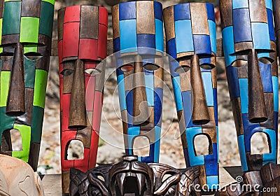 Colored wooden masks at a souvenir stand in Chichen Itza, Yucatan, Mexico Editorial Stock Photo