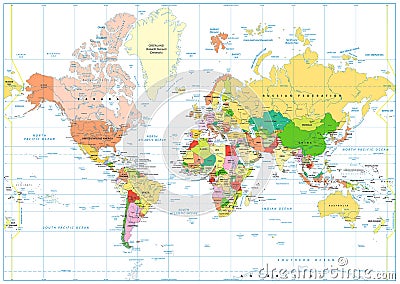 Colored World Map isolated on white with labeling Vector Illustration