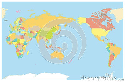 Colored World Map Pacific Centred. No text Vector Illustration