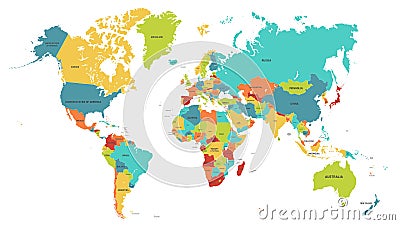 Colored world map. Political maps, colourful world countries and country names vector illustration Vector Illustration