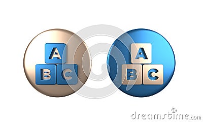 Colorful ABC blocks icon isolated on white background. Alphabet cubes with letters A,B,C. Circle button. 3D render Cartoon Illustration
