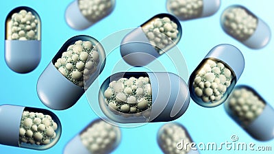 Colorful abstract chaotic structure balls inside the capsule, pharmacy and medical concept on blue background Stock Photo