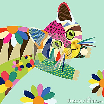 Colorful Abstract Cute Feral Cat Animal Portrait Vector Illustration