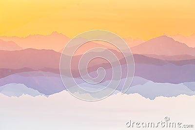 Colorful, abstract double exposure of mountains in sunrise. Minimalist scenery with color gradients. Stock Photo