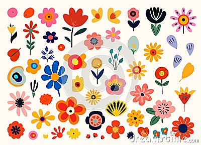 Colorful abstract flowers, floral elements. Isolated contemporary art graphic design. Botanical bright collection Vector Illustration