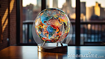 Colorful Abstract Globe with Trade Routes and Landmarks in Modern Office Environment Stock Photo