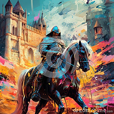 Colorful Abstract Knight Riding Through Medieval Streets Cartoon Illustration