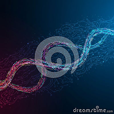 A colorful, abstract representation of a DNA double helix intertwines with a digital circuit pattern. Stock Photo