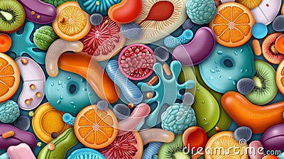 Colorful abstract shapes and organic elements creating a vibrant, dynamic, and visually stimulating background design Stock Photo