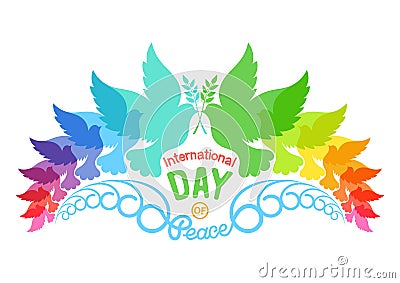 Colorful abstract silhouettes of doves with olive brunch. Illustration of international peace day, September 21. Vector Illustration