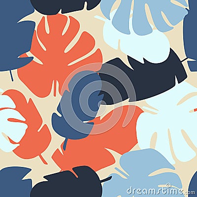 Colorful Abstract Topical Palm Leaves Monstera Seamless Pattern Background Vector Illustration