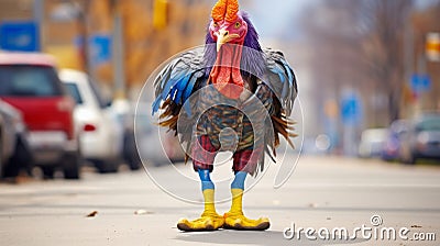 Colorful Absurdism: A Headless Chicken Bird In Bold Fashion Photography Stock Photo