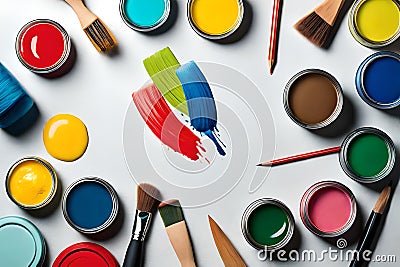 Colorful acrylic paints with brushes isolated on white background. Children's day concepts Stock Photo