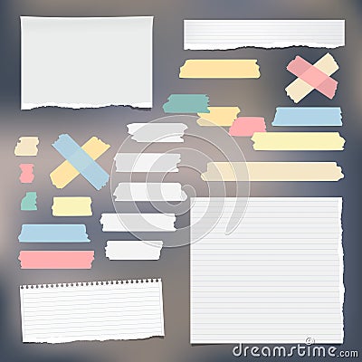 Colorful adhesive, sticky, masking, duct tape strips with note, notebook paper for text on gray background. Vector Vector Illustration