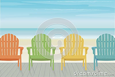 Colorful Adirondack Beach Chairs on Boardwalk Vector Illustration