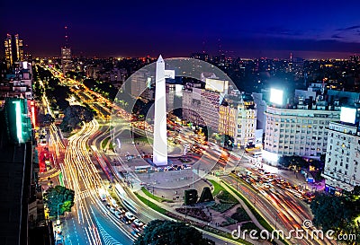 Colorful Aerial view of Buenos Aires and 9 de julio avenue at night - Buenos Aires, Argentina Stock Photo