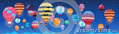 Colorful Air Balloons Flying In Night Sky Banner Vector Illustration