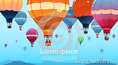 Colorful Air Balloons Flying In Sky Over Summer Landscape Vector Illustration