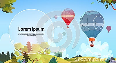 Colorful Air Balloons Flying In Sky Over Summer Landscape Vector Illustration