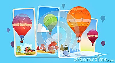 Colorful Air Balloons Flying In Sky Over Summer And Winter Snow Landscape Vector Illustration