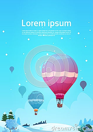 Colorful Air Balloons Flying In Sky Over Winter Snow Landscape Vector Illustration