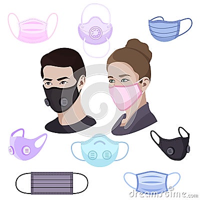 Colorful air pollution face masks set, man and woman wearing medical mask Vector Illustration