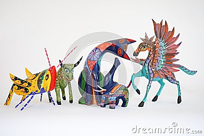 Colorful alebrijes of different animals. Mexican hand-painted wooden handicrafts. Stock Photo