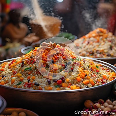 Colorful Algerian Couscous with Vegetables and Meat Stock Photo