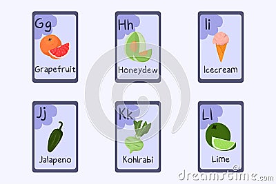 Colorful alphabet flashcard Letter G, H, I, J, K, L - grapefruit, honeydew, icecream, jalapeno, kohlrabi, lime. Vector Illustration