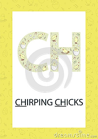 Colorful alphabet letter C. Phonics flashcard. Cute CH sound for teaching reading with cartoon style chickens, eggs, easter Vector Illustration