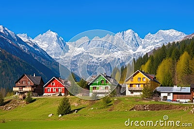 colorful alpine houses against mountain range Stock Photo