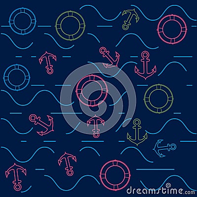 Colorful anchors and lifebuoys on dark background with sea waves Vector Illustration