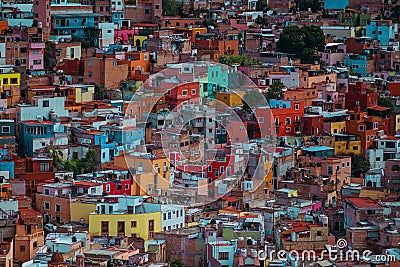 Colorful ancient American cathedral architecture in crowd, Guanajuato, Mexico Stock Photo