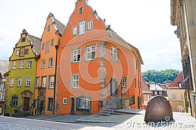 Colorful ancient gable houses - former Franciscan monastery - Schwabisch Hall, Germany. Stock Photo