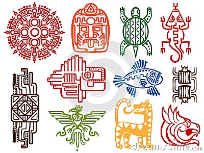 Colorful ancient mexican vector mythology symbols - american aztec, mayan culture native totem Vector Illustration