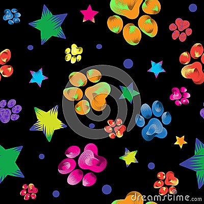 Colorful animal paw print trails and stars Vector Illustration