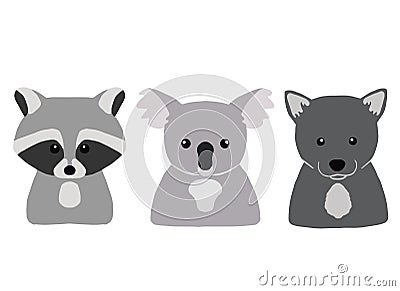 Colorful animals on white background. Set of little raccoon, koala and wolf Vector Illustration