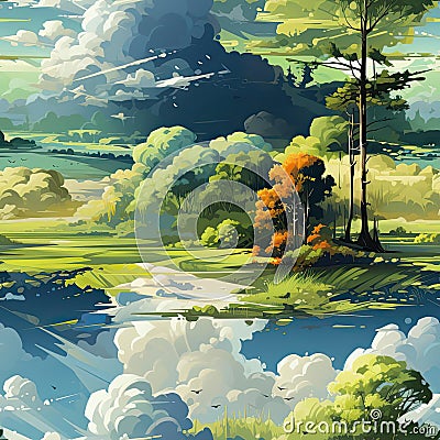 Colorful animation picture of clouds, trees, and waterfalls in a fantasy style (tiled) Stock Photo