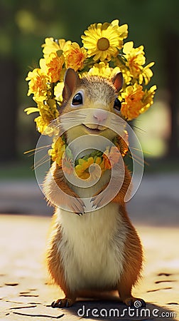 Colorful Animation: Small Squirrel with Flower Crown. Stock Photo