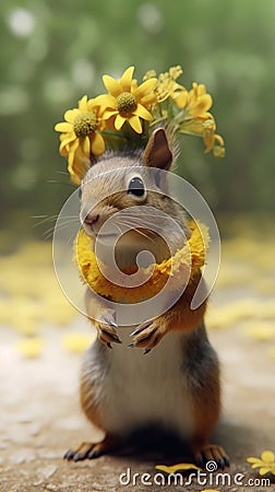 Colorful Animation: Small Squirrel with Flower Crown. Stock Photo