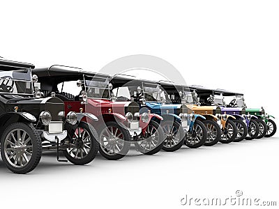 Colorful antique cars restored and parked in a row Stock Photo