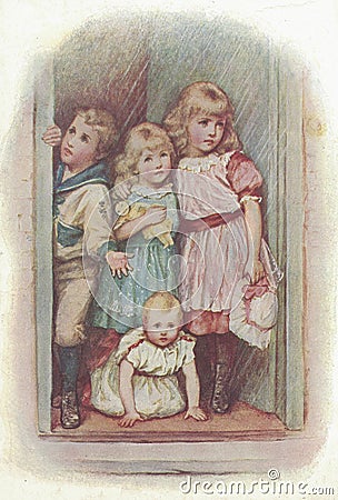 Colorful antique illustration shows little girls and boy. Vintage drawing shows a group of children. Old picture from Cartoon Illustration