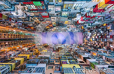 Colorful apartment building at Quarry Bay, Hong Kong, at Night Stock Photo