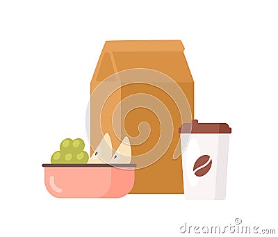 Colorful appetizing fresh food to go vector flat illustration. Paper package with meal, coffee cup, bowl with juicy Vector Illustration