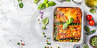 A colorful and appetizing glutenfree vegan lasagna made with grilled eggplant green peas lentils Stock Photo