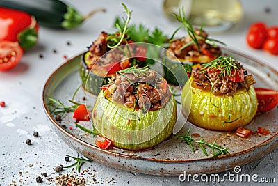 Colorful and appetizing stuffed zucchini rounds on a ceramic plate Stock Photo