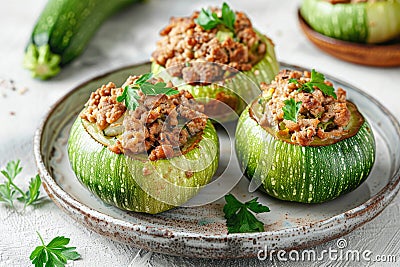 Colorful and appetizing stuffed zucchini rounds on a ceramic plate Stock Photo