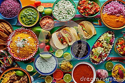 A colorful and appetizing top view of Mexican festive food for Independence Day, featuring chili, cilantro, tacos, burritos, Stock Photo