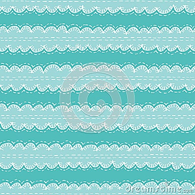 Colorful Aqua Boho Embroidery Needlework Vector Seamless Pattern. Hand Drawn Tribal Scalloped Edge Stitches Ribbon Print Vector Illustration