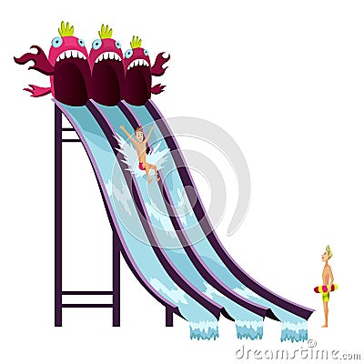 Colorful aquapark waterslide with playing children. Attraction in waterpark. Flat style isolated vector illustration Vector Illustration